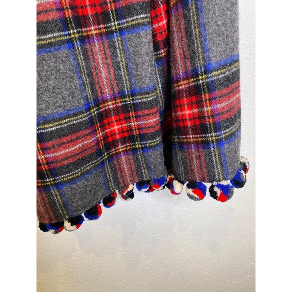 J. Crew Tartan Plaid Pom Pom Trim Holiday Scarf Gray Red Blue EUC OS Winter - Picture 2 of 7